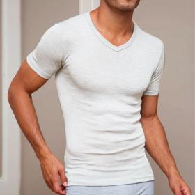 Maglia intima uomo lana e seta scollo a V manica corta irrestringibile antracite Madiva OLBIA